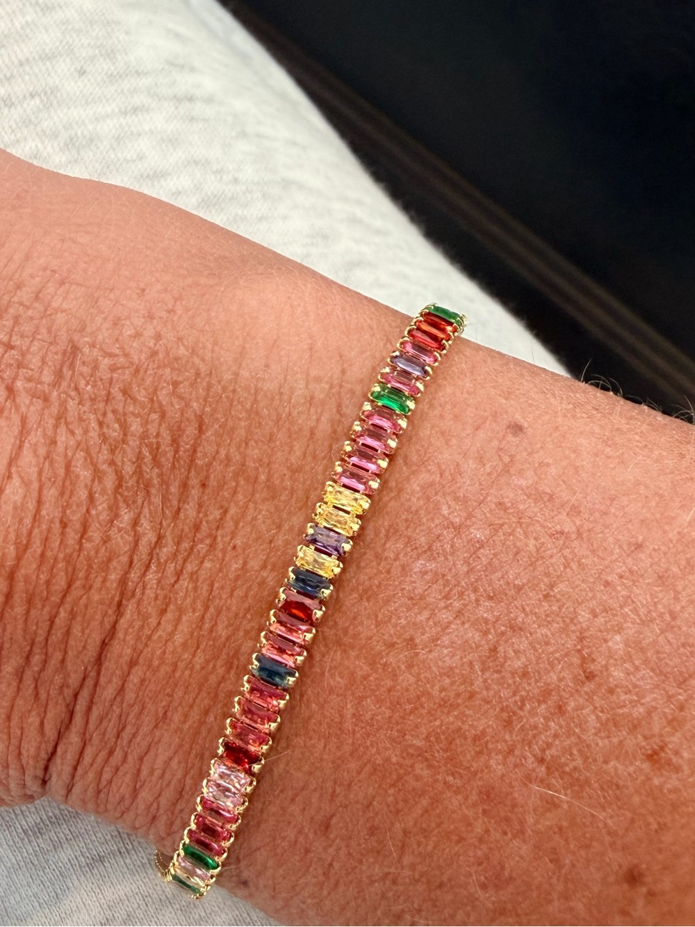 Multicolor Rainbow Baguette Tennis Bracelet Gold Tone